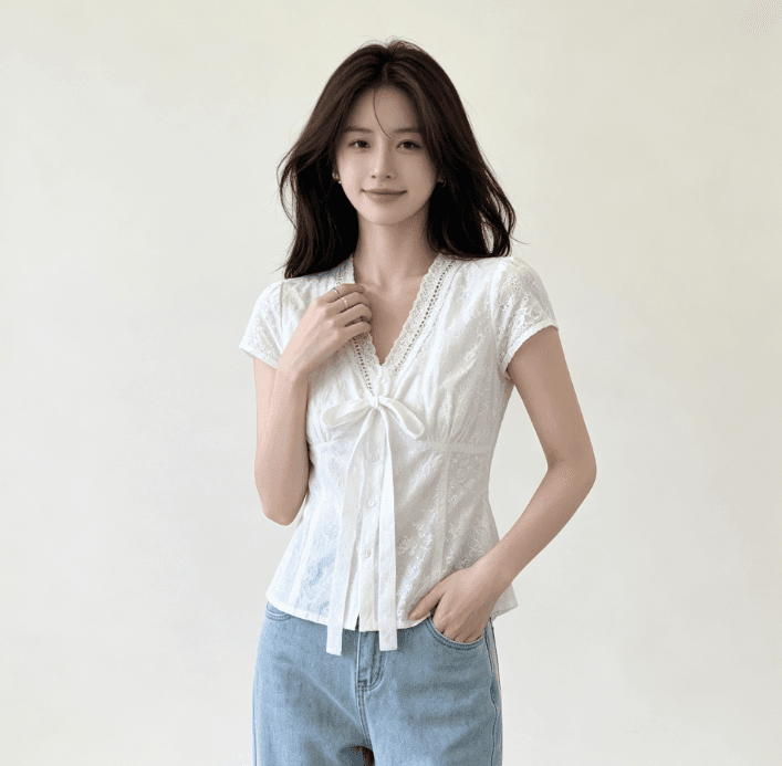 출퇴근 바람 V넥 나비 매듭 반팔 여성 셔츠 여름 새로운 화이트 허리 수축 몸매 가꾸기 슬림해 보이는 맨위 상세 이미지 1