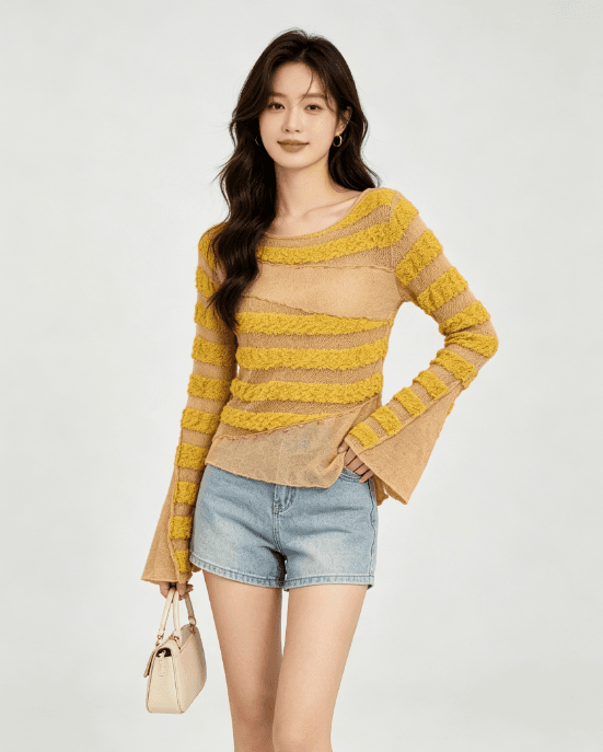 작은 대중 불규칙 비스듬한 자르다 스트라이프 니트 긴 소매 여성 마이크로 ~을 통해 질감 센스 나팔 소매 몸매 가꾸기 배색 황색 맨위 이미지 3