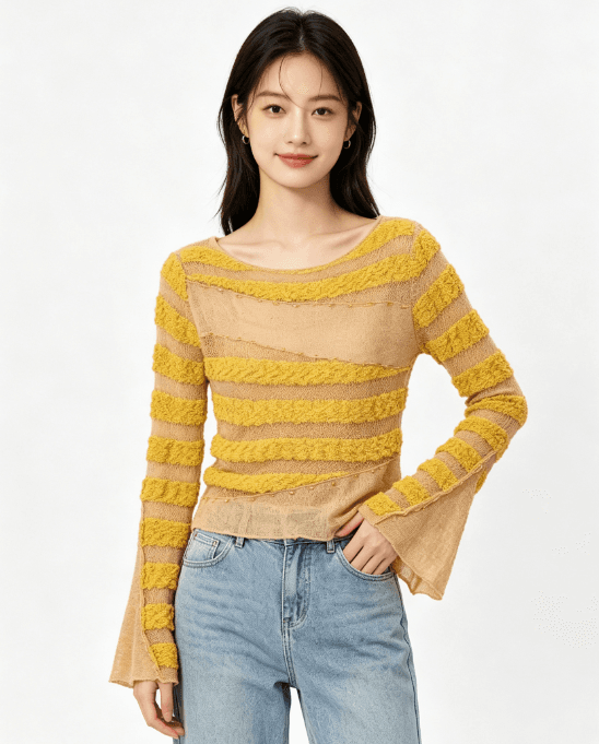 작은 대중 불규칙 비스듬한 자르다 스트라이프 니트 긴 소매 여성 마이크로 ~을 통해 질감 센스 나팔 소매 몸매 가꾸기 배색 황색 맨위 상세 이미지 1