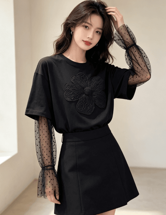 프랑스식 무거운 작업 3 차원 꽃 패치워크 도트 무늬 망사 소매 t 셔츠 지방 mm 표지 고기 페이크 레이어드 검정색 맨위 이미지 3