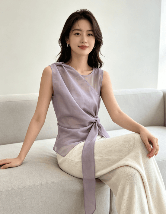 라벤더 하프 ~을 통해 실 품질 민소매 맨위 여성 여름 새로운 비스듬한 칼라 중복 측면 부서 매듭 품격 슬림해 보이는 작은 셔츠 상세 이미지 4