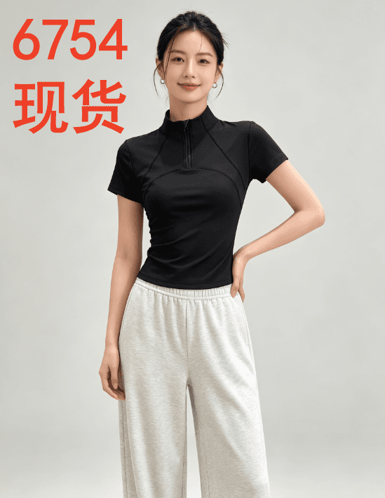 2026 새로운 핫걸 반 개방 지퍼 스탠드 칼라 짧은 t 몸매 가꾸기 허리 수축 패치워크 슬림해 보이는 운동 반팔 디자인 센스