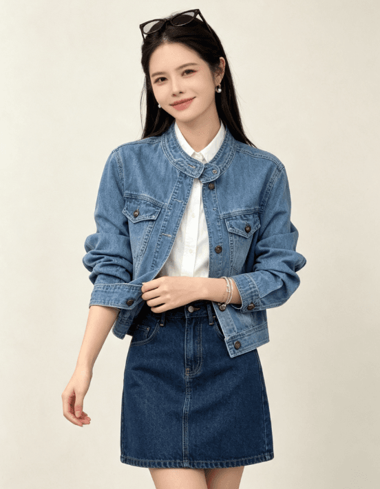 새로운 중식 스탠드 칼라 쇼트 스타일 데님 여성 코트 가을 레트로 단추 작은 키 루즈핏 슬림해 보이는 짧은 외투 이미지 3