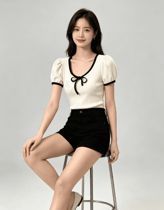 부드러운 순수한 욕망 바람 나비 매듭 니트 작은 셔츠 배색 테두리 거품 소매 몸매 가꾸기 슬림해 보이는 쇼트 스타일 맨위 여성 이미지 2