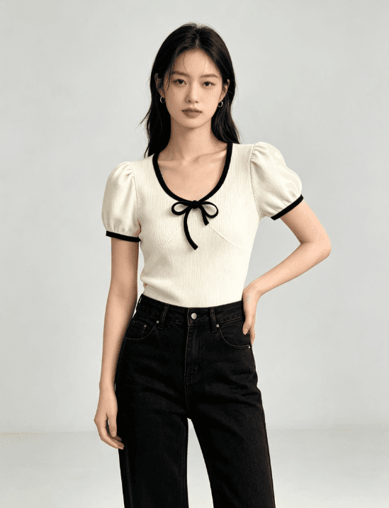 부드러운 순수한 욕망 바람 나비 매듭 니트 작은 셔츠 배색 테두리 거품 소매 몸매 가꾸기 슬림해 보이는 쇼트 스타일 맨위 여성 이미지 3