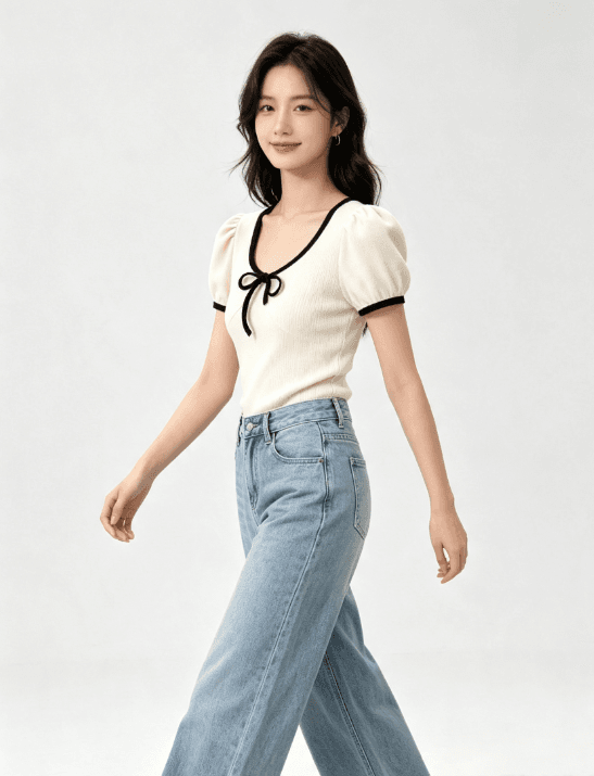 부드러운 순수한 욕망 바람 나비 매듭 니트 작은 셔츠 배색 테두리 거품 소매 몸매 가꾸기 슬림해 보이는 쇼트 스타일 맨위 여성 상세 이미지 3