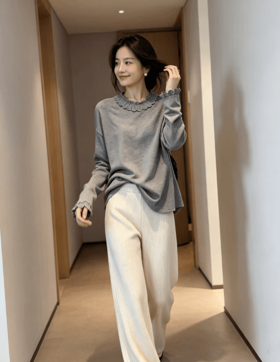 프랑스식 꽃잎 프릴 칼라 기본 셔츠 여성 가을 루즈핏 슬림해 보이는 레이스 커프스 부드러운 회색 긴팔 맨위 이미지 3