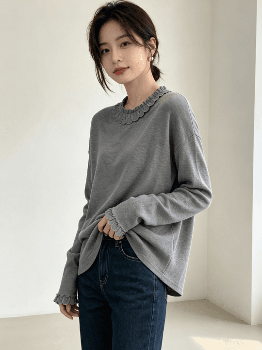 프랑스식 꽃잎 프릴 칼라 기본 셔츠 여성 가을 루즈핏 슬림해 보이는 레이스 커프스 부드러운 회색 긴팔 맨위 상세 이미지 1