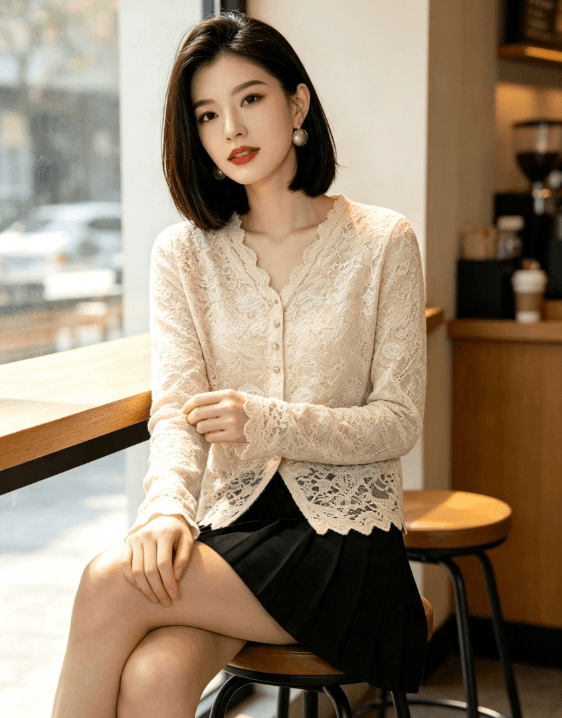 프랑스식 v 칼라 레이스 오픈 가디건 여성 가을 새로운 무거운 작업 홀로우 아웃 레이스 품격 얇은 스타일 니트 작은 외투 상세 이미지 2