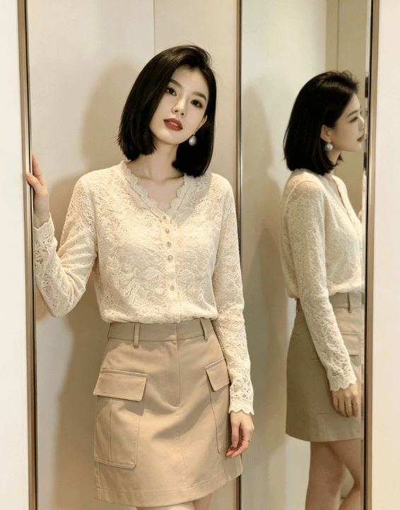 프랑스식 v 칼라 레이스 오픈 가디건 여성 가을 새로운 무거운 작업 홀로우 아웃 레이스 품격 얇은 스타일 니트 작은 외투 상세 이미지 3