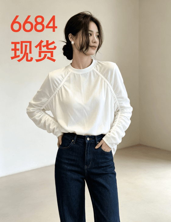 한 부서 라운드 넥 펌프 Pleat 긴팔 t 셔츠 여성 루즈핏 슬림해 보이는 삽입 어깨 소매 얇은 스타일 기본 셔츠 다용도 맨위