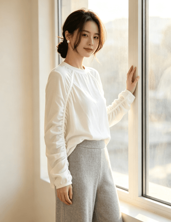 한 부서 라운드 넥 펌프 Pleat 긴팔 t 셔츠 여성 루즈핏 슬림해 보이는 삽입 어깨 소매 얇은 스타일 기본 셔츠 다용도 맨위 이미지 2