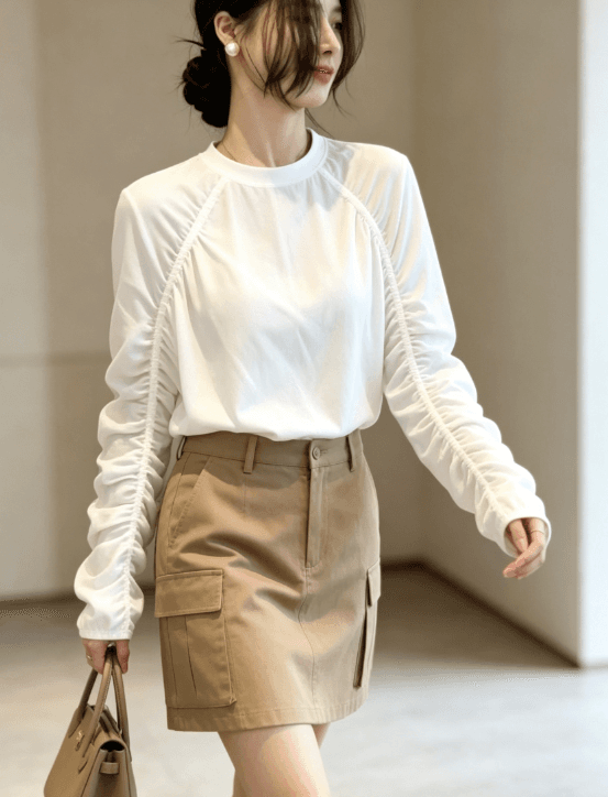 한 부서 라운드 넥 펌프 Pleat 긴팔 t 셔츠 여성 루즈핏 슬림해 보이는 삽입 어깨 소매 얇은 스타일 기본 셔츠 다용도 맨위 이미지 3