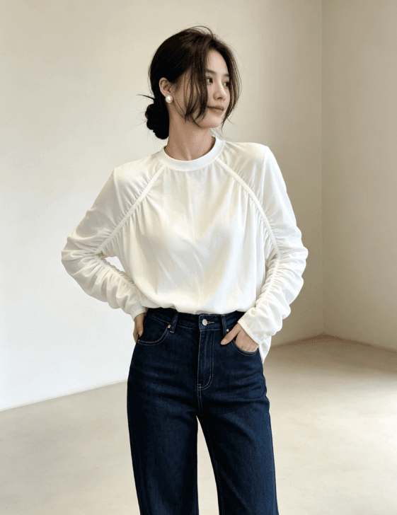 한 부서 라운드 넥 펌프 Pleat 긴팔 t 셔츠 여성 루즈핏 슬림해 보이는 삽입 어깨 소매 얇은 스타일 기본 셔츠 다용도 맨위 상세 이미지 1