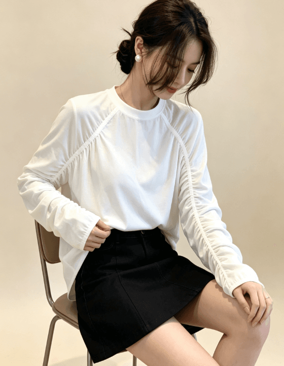 한 부서 라운드 넥 펌프 Pleat 긴팔 t 셔츠 여성 루즈핏 슬림해 보이는 삽입 어깨 소매 얇은 스타일 기본 셔츠 다용도 맨위 상세 이미지 2