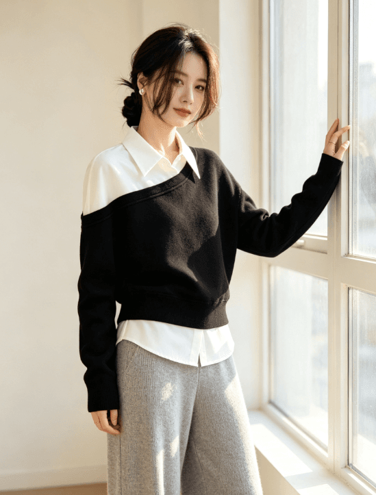 빅 사이즈 페이크 레이어드 패치워크 후드티 여성 비스듬한 어깨 오프숄더 디자인 센스 셔츠 밑단 이른 가을 루즈핏 맨위 상세 이미지 2