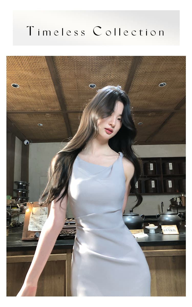 하나부터 순간 매듭 켄 콩 미니멀리즘 센스 품격 비틀림 민소매 드레스 허리 수축 슬림해 보이는 트임 롱 스커트 상세 이미지 10