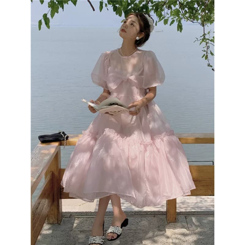 프랑스식 달콤함 핑크색 도망자 공주 유럽 오간자 여성 드레스 여름 센 부서 슈퍼 요정 요정 망사 치마 작은 대중 상세 이미지 2