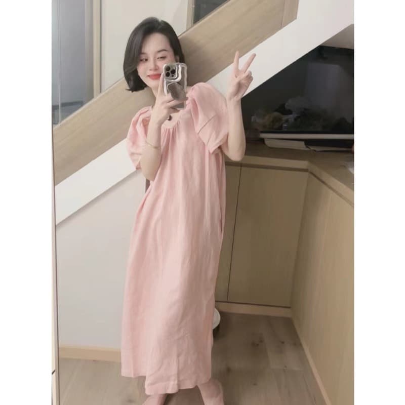 센 부서 레트로 V넥 벌룬 소매 핑크색 드레스 여름 소녀 센스 느긋한 중간 길이 달콤함 품격 치마 이미지 6