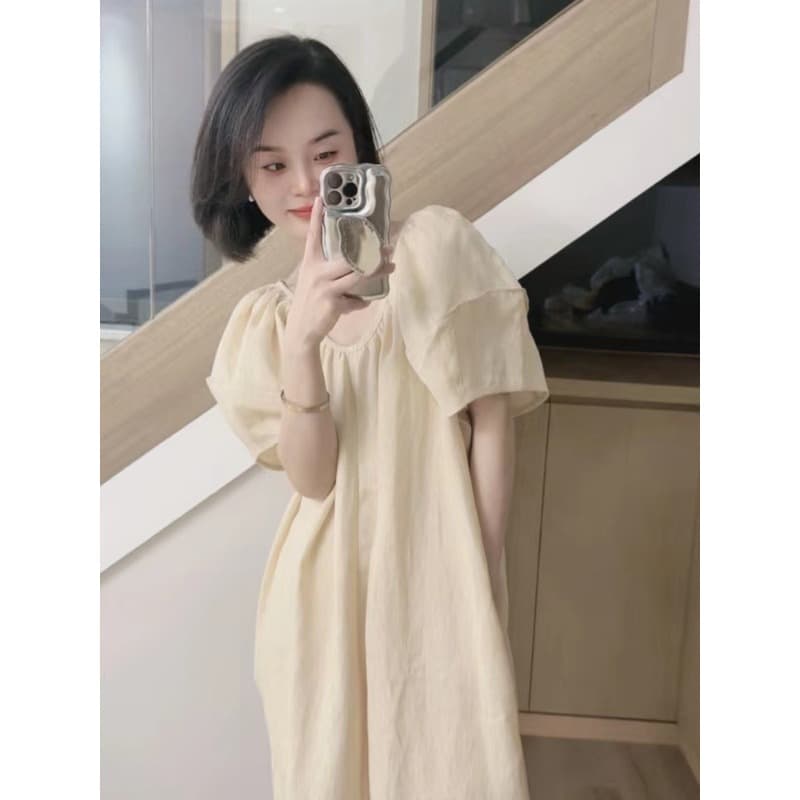 센 부서 레트로 V넥 벌룬 소매 핑크색 드레스 여름 소녀 센스 느긋한 중간 길이 달콤함 품격 치마 상세 이미지 7