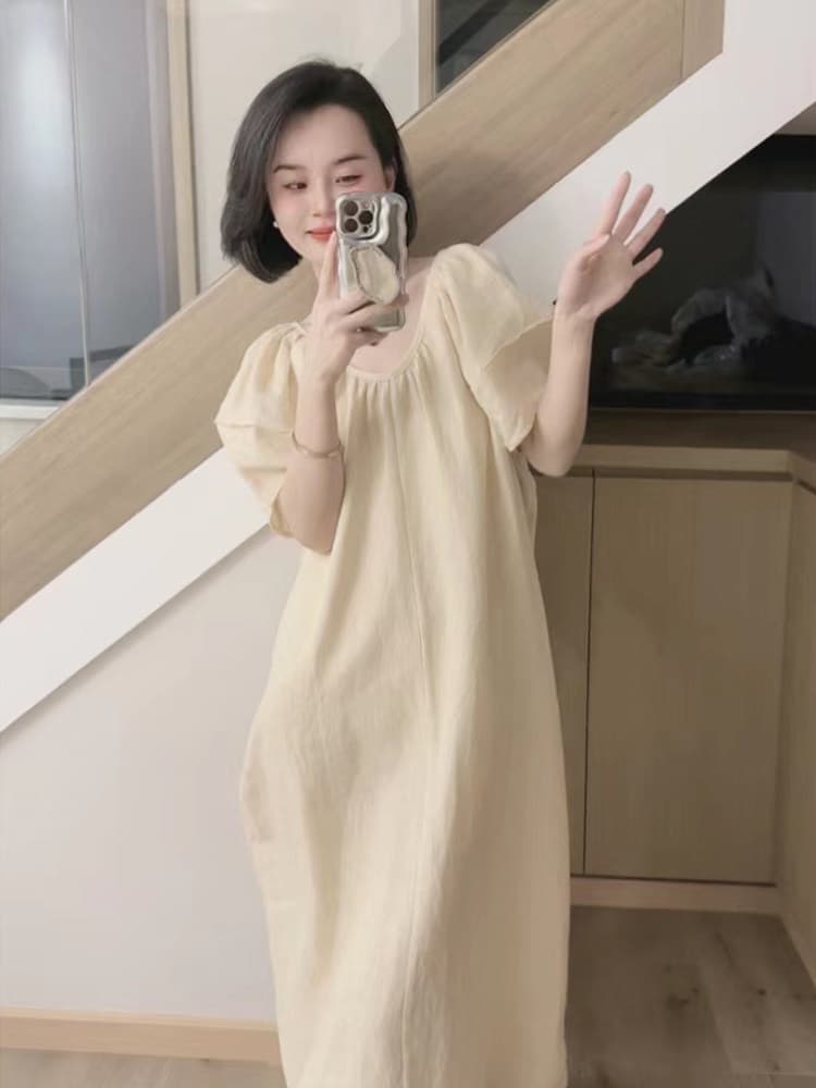 센 부서 레트로 V넥 벌룬 소매 핑크색 드레스 여름 소녀 센스 느긋한 중간 길이 달콤함 품격 치마 상세 이미지 23