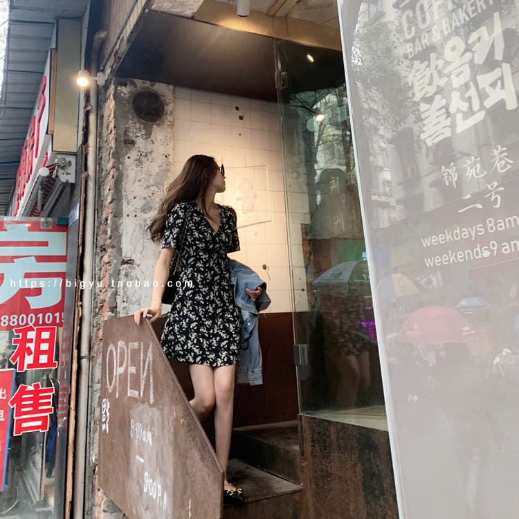 bigyu 한 초등학교 자매 부드러운 품격 드레스 chao 아름다움 프랑스식 슬림해 보이는 쉬폰 V넥 꽃무늬 치마 상세 이미지 11