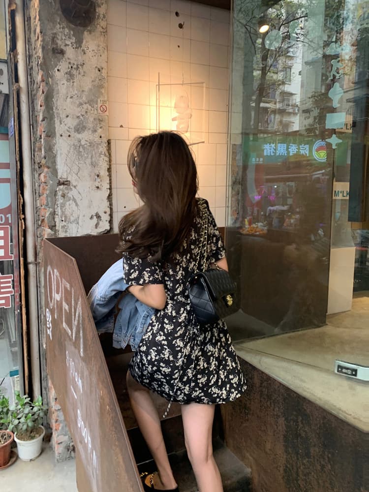 bigyu 한 초등학교 자매 부드러운 품격 드레스 chao 아름다움 프랑스식 슬림해 보이는 쉬폰 V넥 꽃무늬 치마 상세 이미지 38