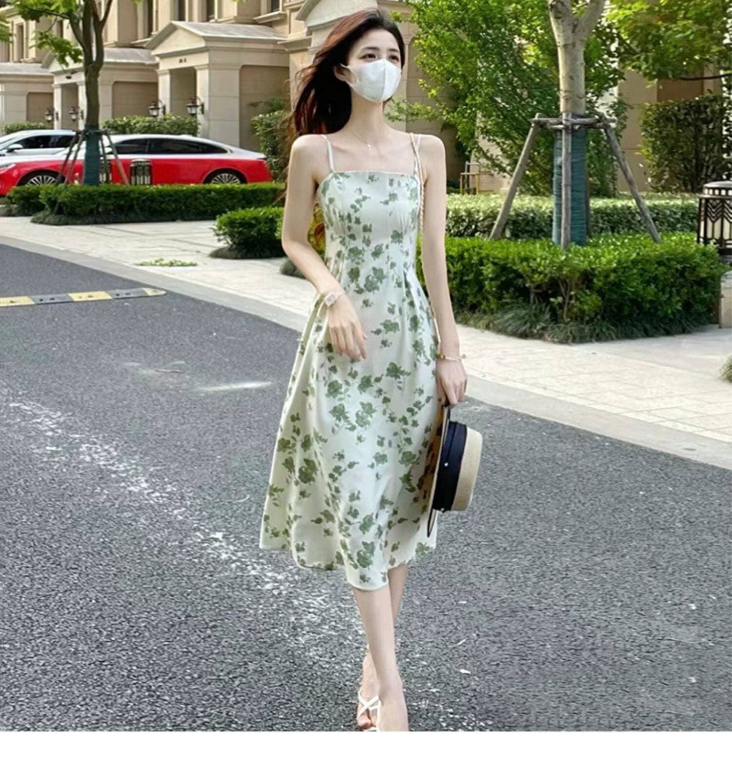 2026 년 여름 차 휴식 레트로 허리 수축 슬림해 보이는 녹색 꽃무늬 슬립 드레스 작은 청신 미니멀리즘 요정 드레스 상세 이미지 13