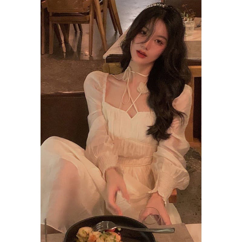 이른 봄 하이난 삼아 사진 찍기 잘 생긴 ~ 중 옷 여행 투피스 세트 해변 드레스 부드러운 망사 슬립 드레스 이미지 2