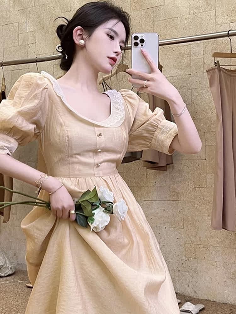 2026 여름 거품 소매 프랑스식 우아함 Chic u 칼라 드레스 하이웨이스트 슬림해 보이는 높은 추위 부서 무릎 아래 길다 치마 상세 이미지 46