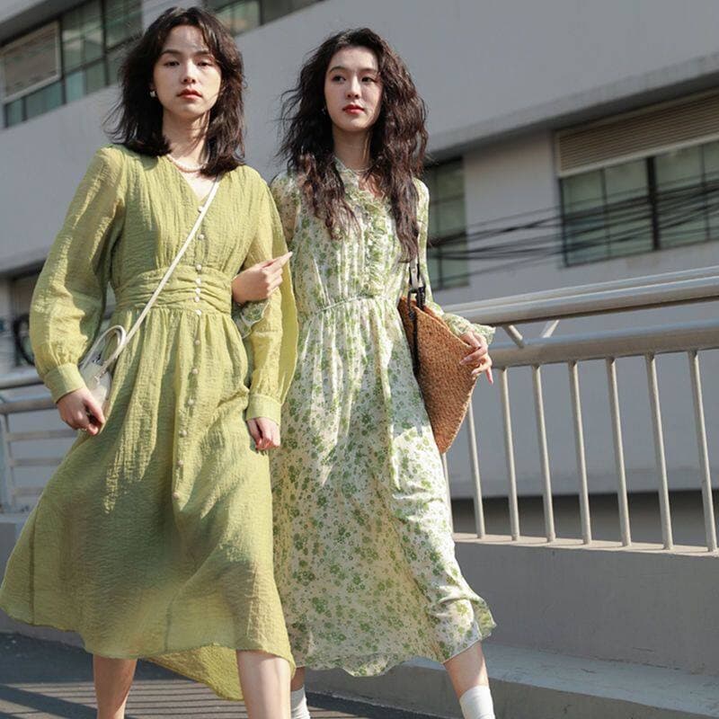 봄 드레스 프랑스식 레트로 부드러운 바람 슬림해 보이는 품격 여성 드레스 녹색 길다 치마 작은 키