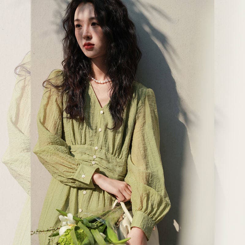 봄 드레스 프랑스식 레트로 부드러운 바람 슬림해 보이는 품격 여성 드레스 녹색 길다 치마 작은 키 상세 이미지 2