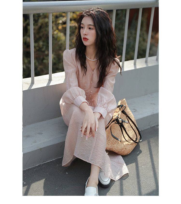 봄 드레스 프랑스식 레트로 부드러운 바람 슬림해 보이는 품격 여성 드레스 녹색 길다 치마 작은 키 상세 이미지 34