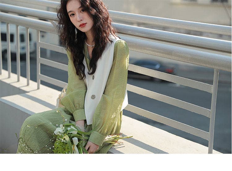 봄 드레스 프랑스식 레트로 부드러운 바람 슬림해 보이는 품격 여성 드레스 녹색 길다 치마 작은 키 상세 이미지 36