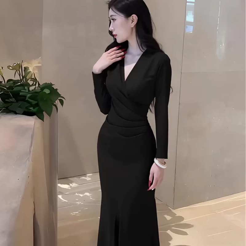 프랑스식 품격 V넥 섹시함 긴팔 드레스 그는 벤 바람 고급 센스 허리 수축 슬림해 보이는 롱 코트 패션 타이트 스커트 상세 이미지 3