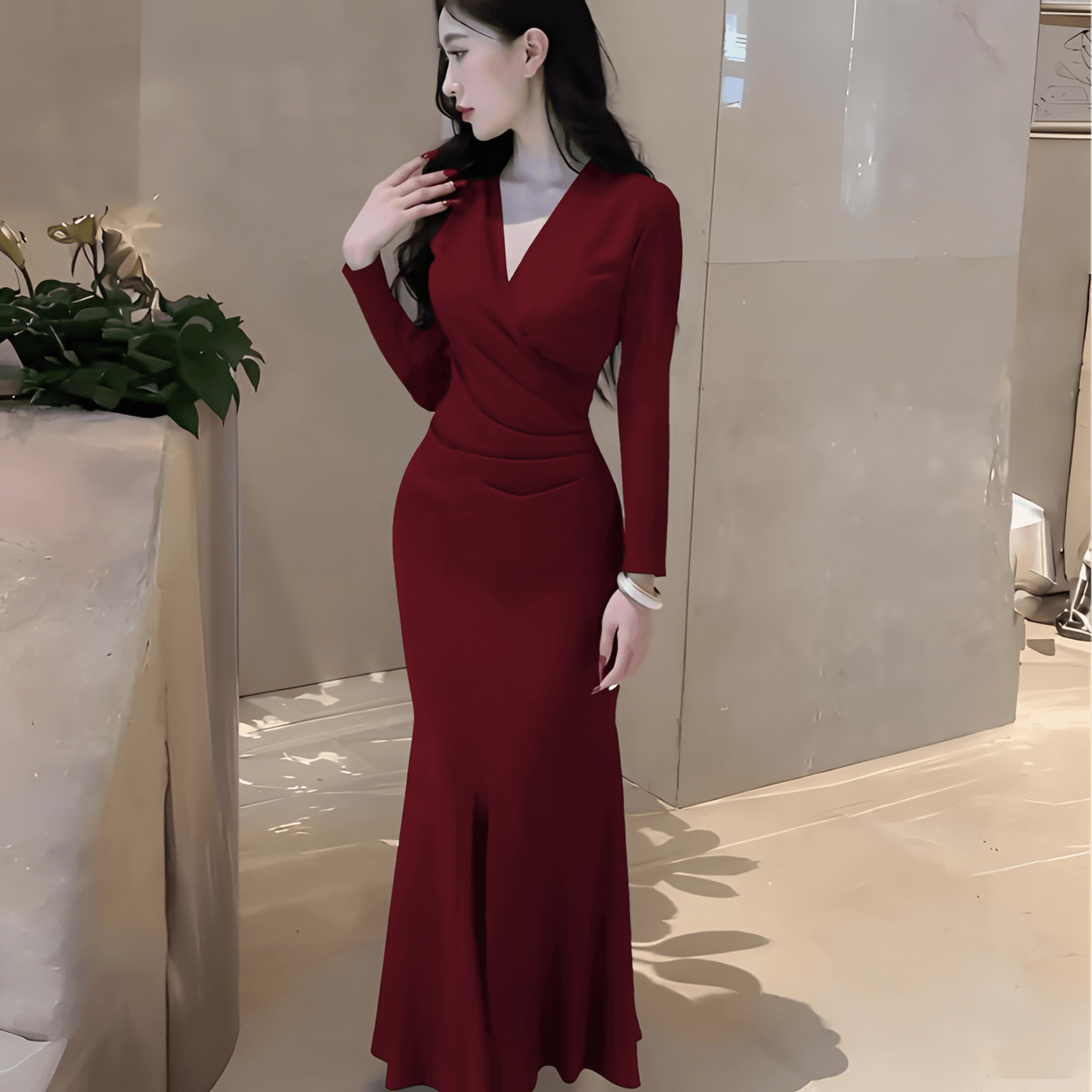 프랑스식 품격 V넥 섹시함 긴팔 드레스 그는 벤 바람 고급 센스 허리 수축 슬림해 보이는 롱 코트 패션 타이트 스커트 상세 이미지 9