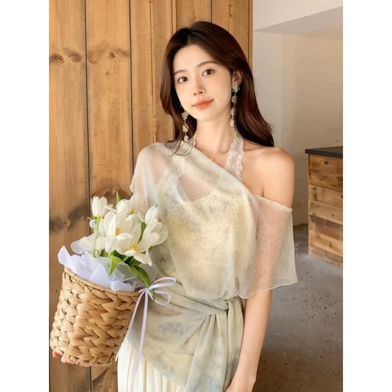 한 부서 녹색 홀치기 염색 행침 목 페이크 레이어드 맨위 여성 2026 년 여름 새로운 반팔 티셔츠 디자인 센스 작은 대중 상세 이미지 3