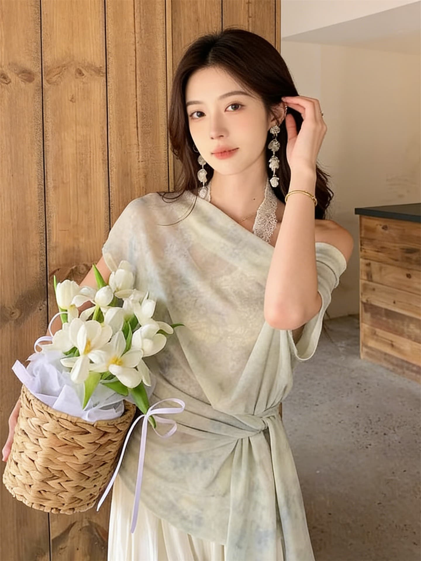 한 부서 녹색 홀치기 염색 행침 목 페이크 레이어드 맨위 여성 2026 년 여름 새로운 반팔 티셔츠 디자인 센스 작은 대중 상세 이미지 15