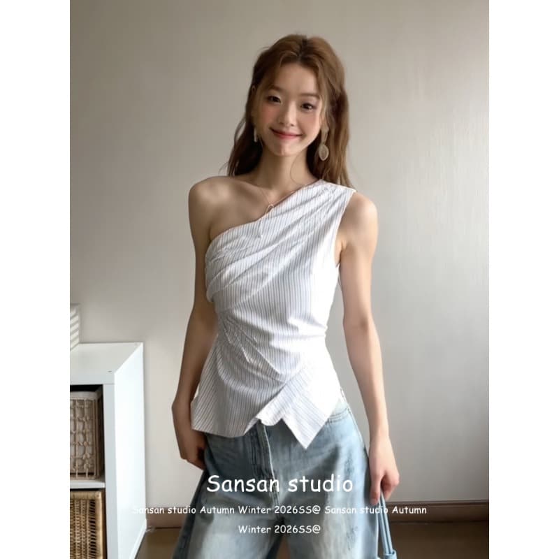 한 부서 비스듬한 어깨 스트라이프 조끼 여성 여름 착용 가져 가라. 불규칙 오프숄더 셔츠 슬립 몸매 가꾸기 슬림해 보이는 민소매 맨위 상세 이미지 4