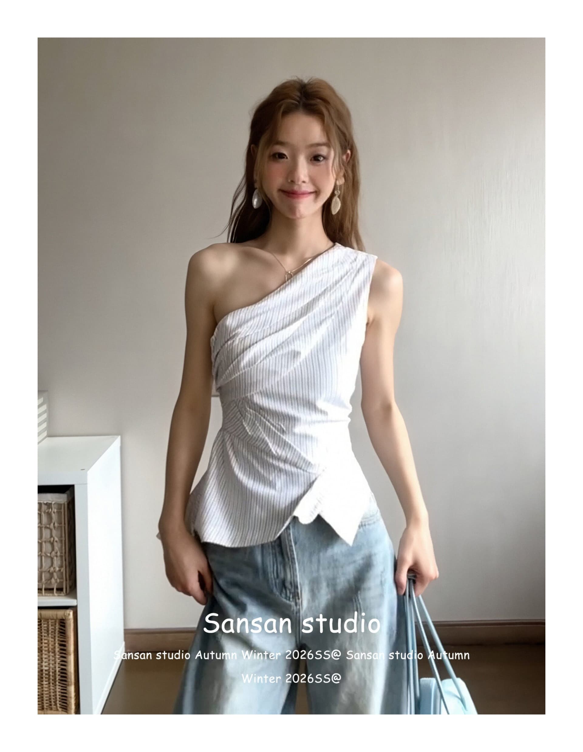 한 부서 비스듬한 어깨 스트라이프 조끼 여성 여름 착용 가져 가라. 불규칙 오프숄더 셔츠 슬립 몸매 가꾸기 슬림해 보이는 민소매 맨위 상세 이미지 13