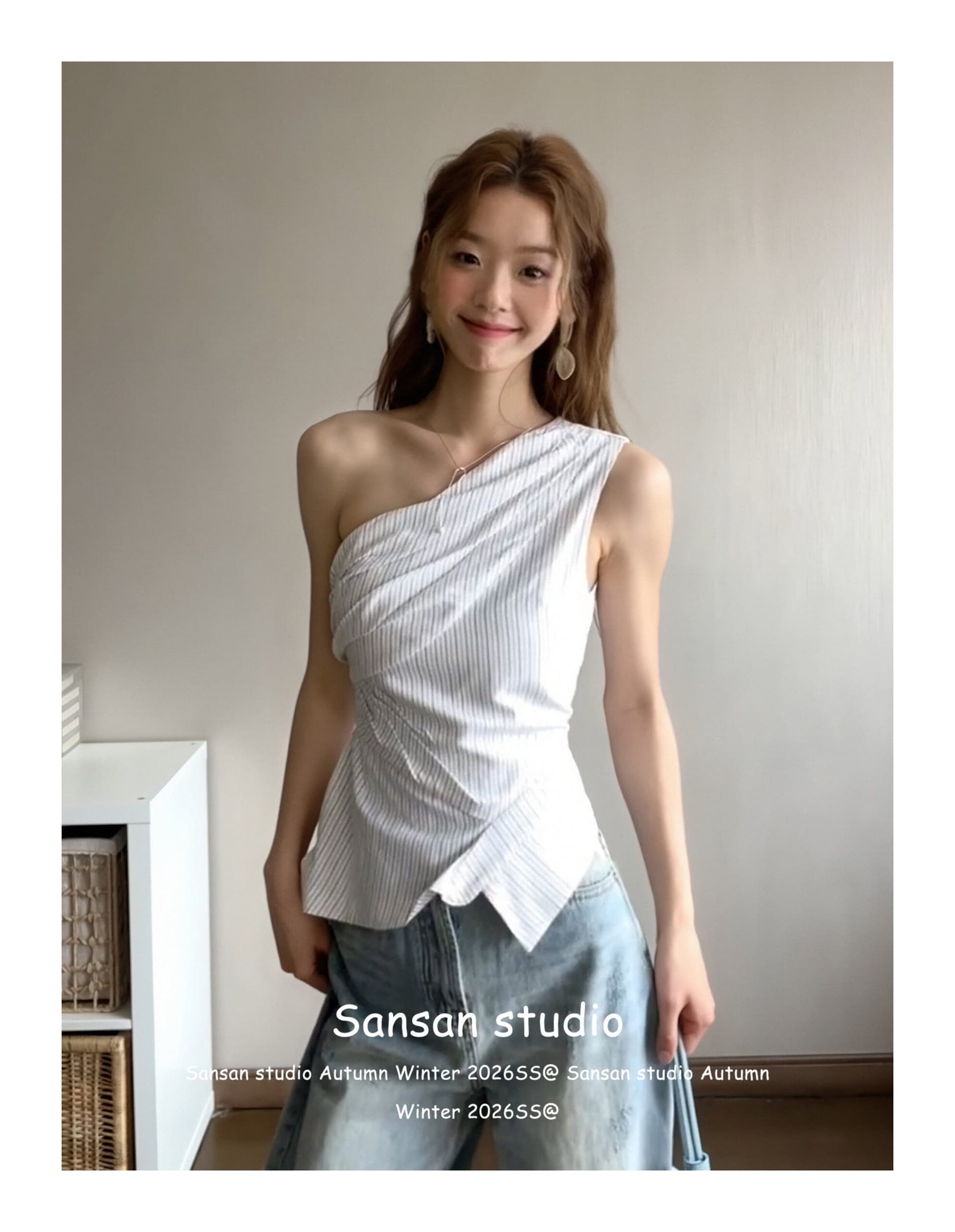 한 부서 비스듬한 어깨 스트라이프 조끼 여성 여름 착용 가져 가라. 불규칙 오프숄더 셔츠 슬립 몸매 가꾸기 슬림해 보이는 민소매 맨위 상세 이미지 14
