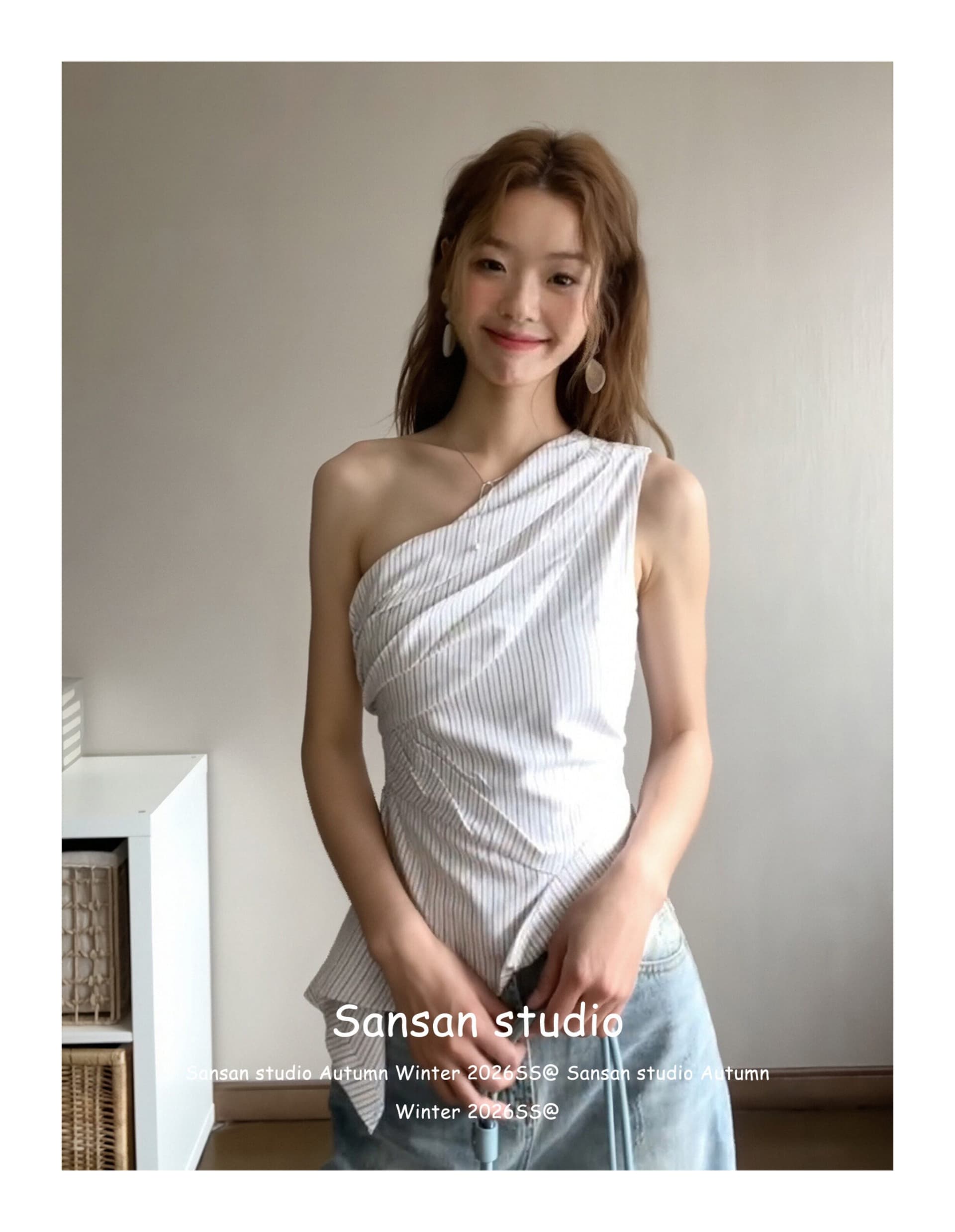 한 부서 비스듬한 어깨 스트라이프 조끼 여성 여름 착용 가져 가라. 불규칙 오프숄더 셔츠 슬립 몸매 가꾸기 슬림해 보이는 민소매 맨위 상세 이미지 15