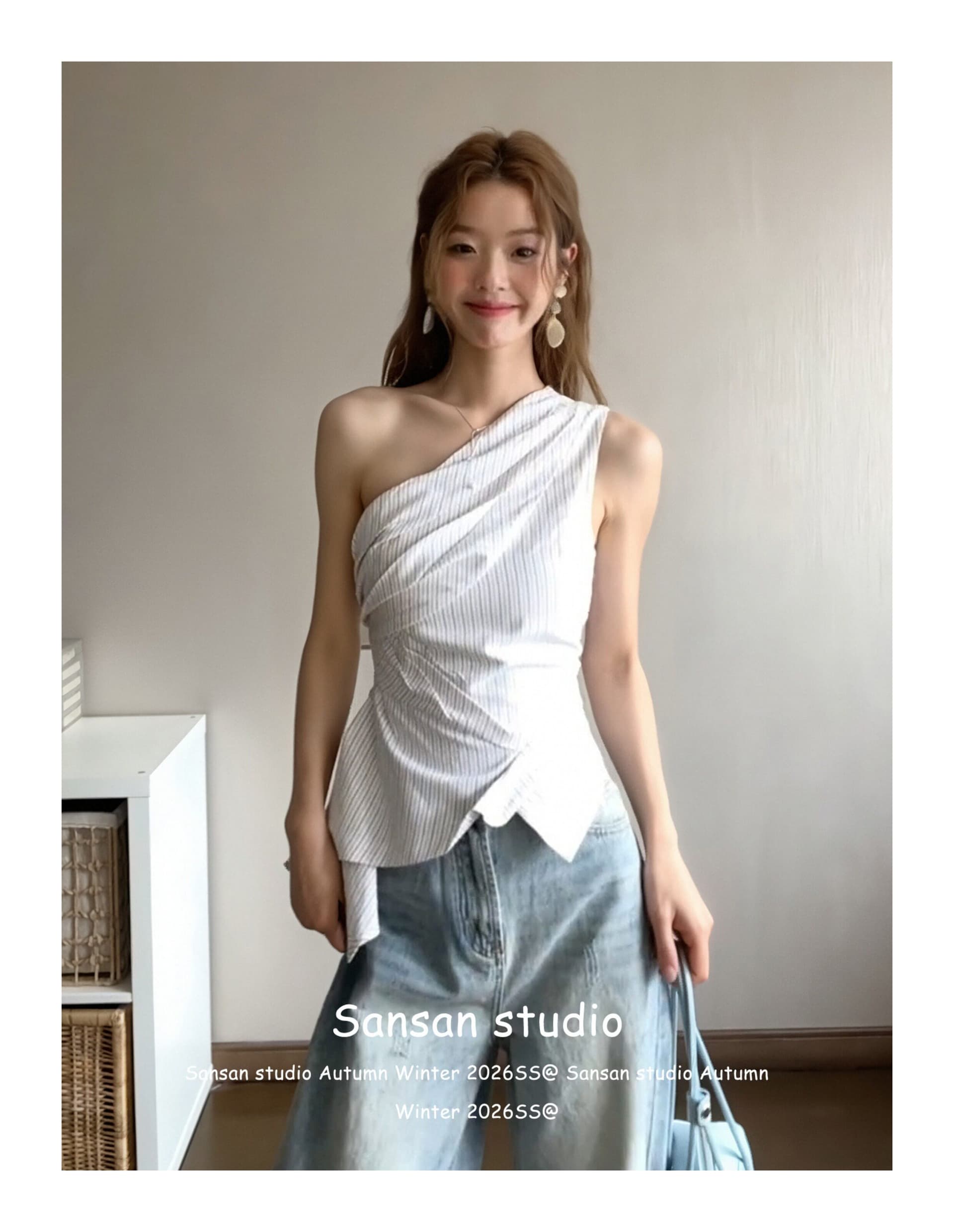 한 부서 비스듬한 어깨 스트라이프 조끼 여성 여름 착용 가져 가라. 불규칙 오프숄더 셔츠 슬립 몸매 가꾸기 슬림해 보이는 민소매 맨위 상세 이미지 18