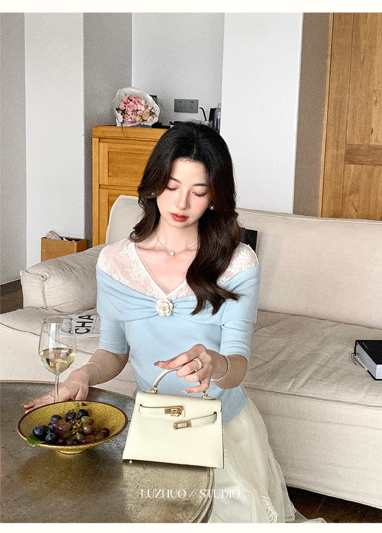 사슴 이모 주 오족 삼촌 동백 나무 남자 향기로운 레이스 오프숄더 파란색 반팔 티셔츠 여성 여름 디자인 센스 맨위 상세 이미지 33