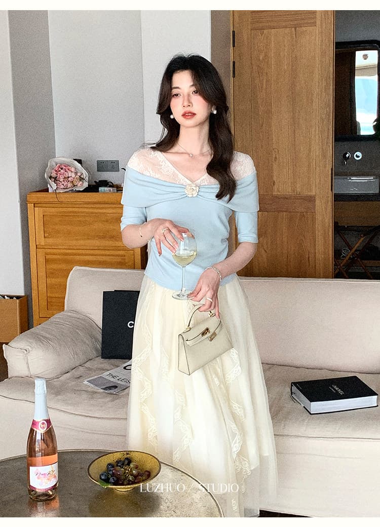 사슴 이모 주 오족 삼촌 동백 나무 남자 향기로운 레이스 오프숄더 파란색 반팔 티셔츠 여성 여름 디자인 센스 맨위 상세 이미지 37
