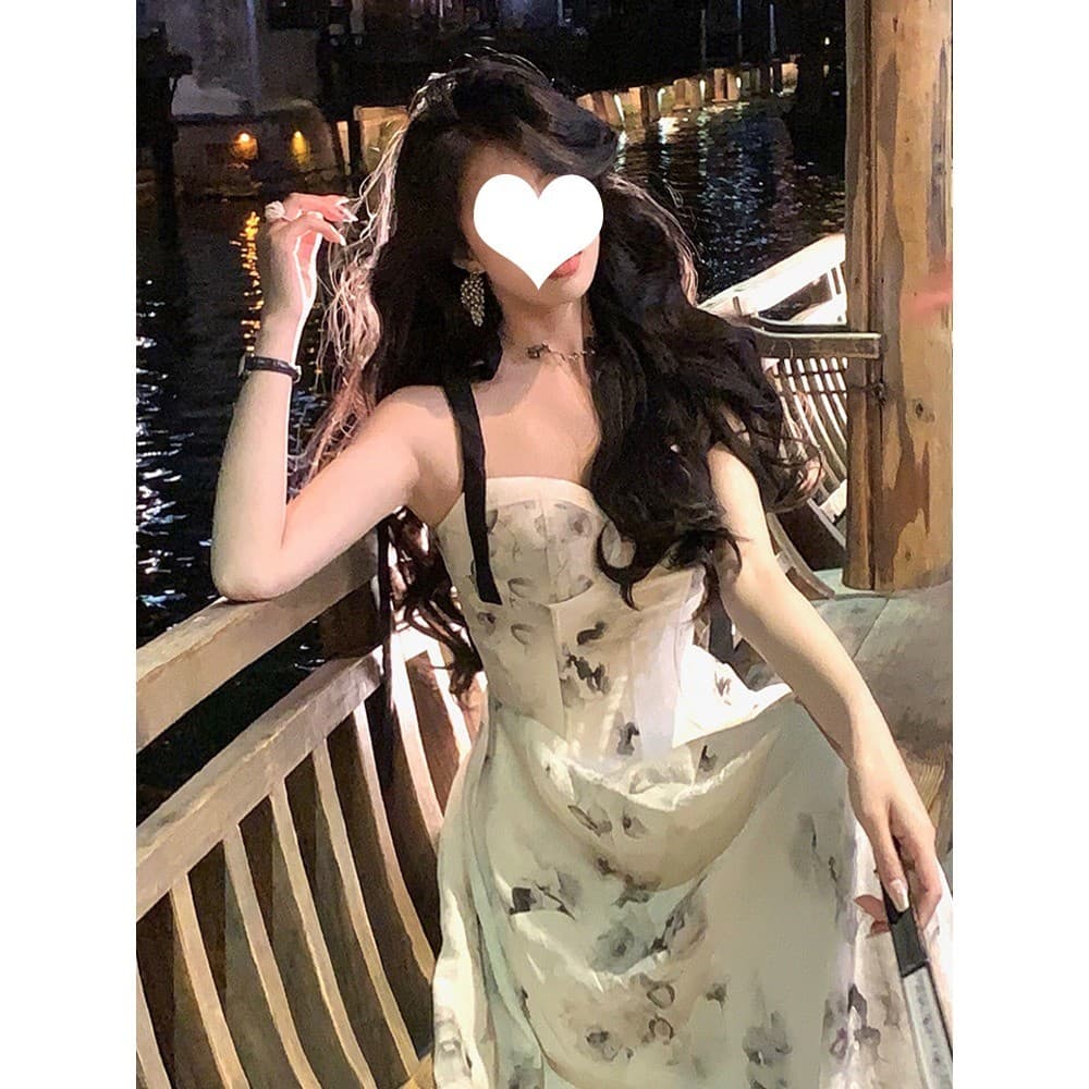 프랑스식 프린트 슬립 드레스 질감 센스 잉크 페인팅 디자인 센스 작은 키 허리 수축 요정 드레스 여름 상세 이미지 5