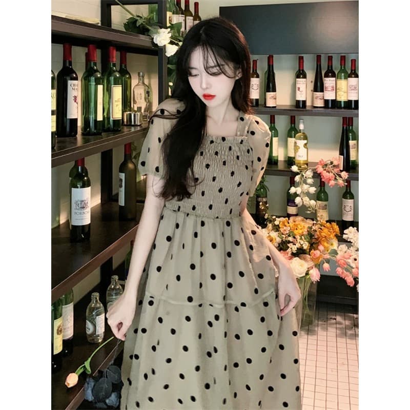 프랑스식 반팔 차 휴식 드레스 아이들 2026 조기 가을 새로운 품격 광장 칼라 고급 도트 무늬 요정 롱 스커트 상세 이미지 1