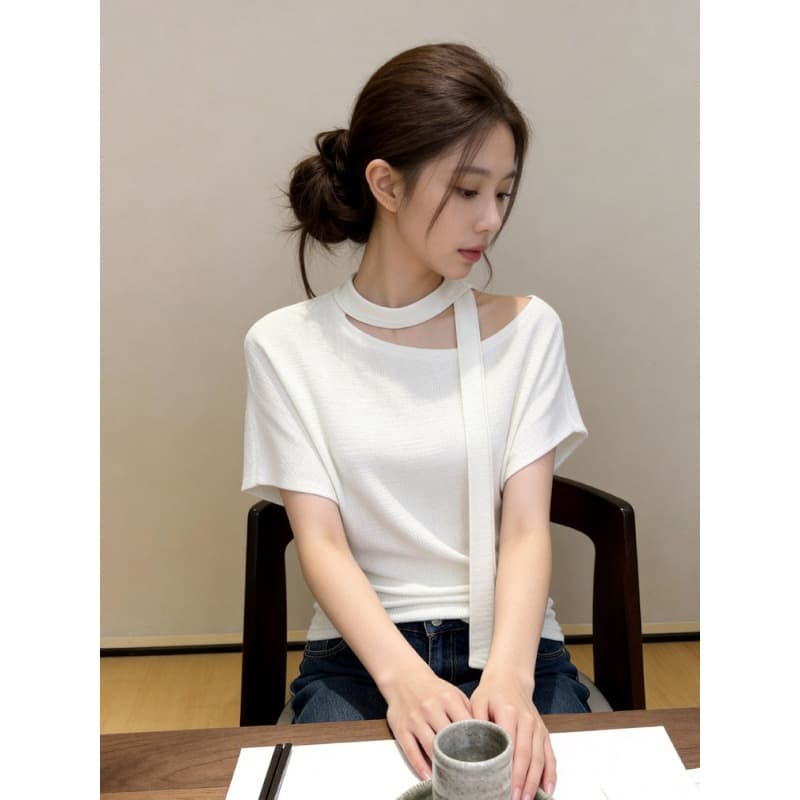 자이언트 잘 생긴 ~ 중 비스듬한 어깨 레이스업 반팔 티셔츠 여성 2026 봄 여름 새로운 디자인 센스 허리 수축 오프숄더 다용도 맨위 이미지 5
