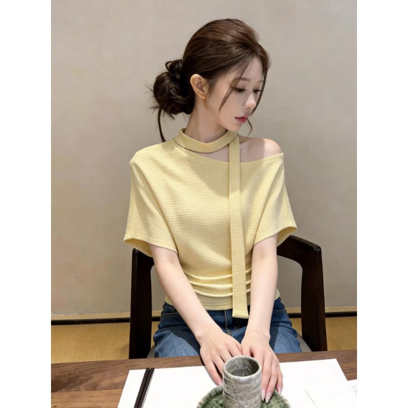자이언트 잘 생긴 ~ 중 비스듬한 어깨 레이스업 반팔 티셔츠 여성 2026 봄 여름 새로운 디자인 센스 허리 수축 오프숄더 다용도 맨위 상세 이미지 5