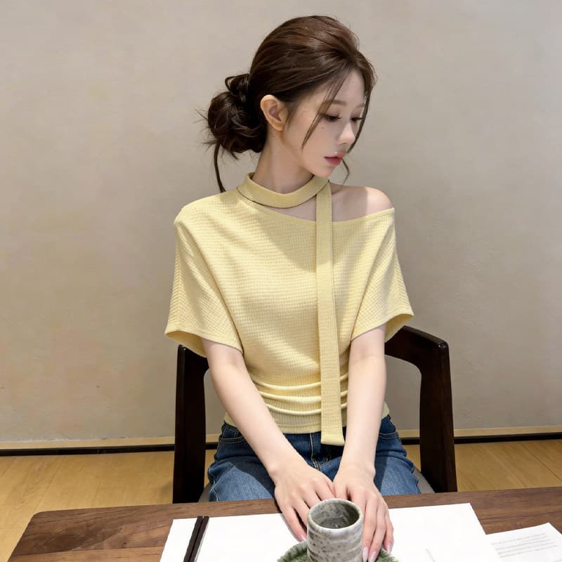자이언트 잘 생긴 ~ 중 비스듬한 어깨 레이스업 반팔 티셔츠 여성 2026 봄 여름 새로운 디자인 센스 허리 수축 오프숄더 다용도 맨위 상세 이미지 6